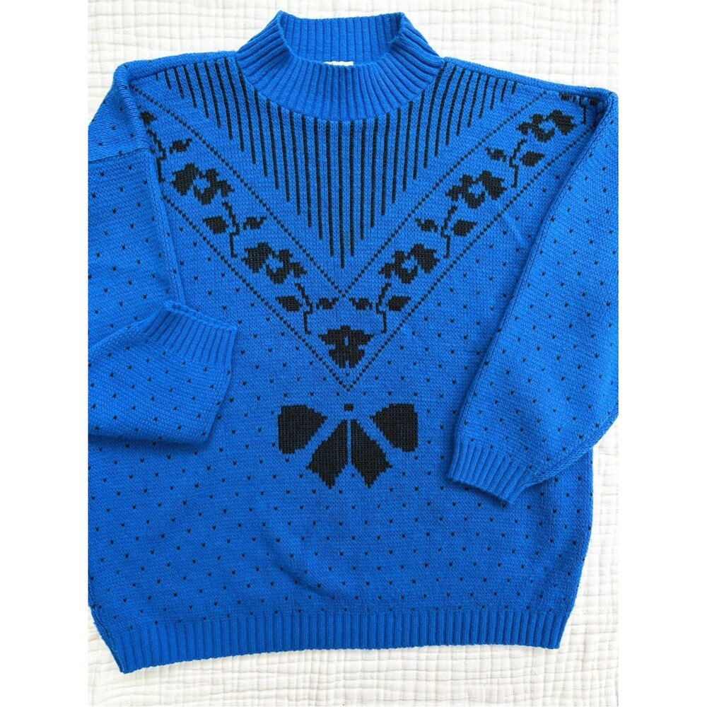 Vintage Classic Essentials Blue Graphic Mock Neck Sweater Women’s XL Made USA